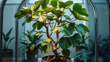 Obraz premium Fiddle leaf fig tree in a modern terrarium, greenhouse effect, terrarium, plant propagation
