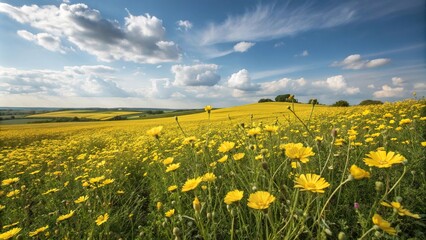 Fototapeta premium Field of bright yellow chicory flowers stretching towards the sun, floral arrangement, sunny day, wildflowers, natural beauty