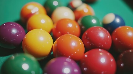 Colorful Pool Balls Arranged Playfully on a Green Billiard Table Surface Capturing the Essence of Classic Table Games and Leisure Time Fun