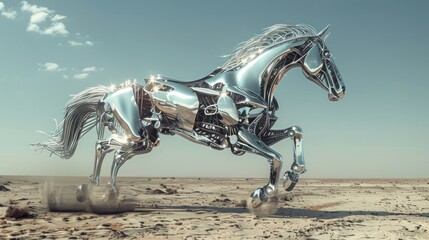 A chrome horse gallops across a sandy desert landscape, its metallic body gleaming in the sun.