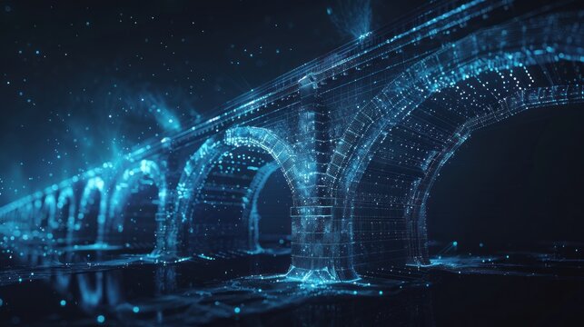 Futuristic digital bridge structure, glowing blue particles.