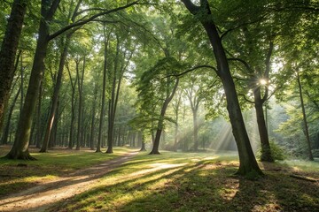 Fototapeta premium Forest with sunlight filtering through leaves, nature, trees