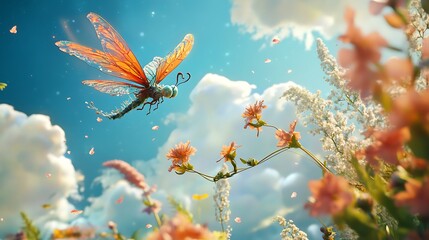 Hummingbird in Flight with Floral Background