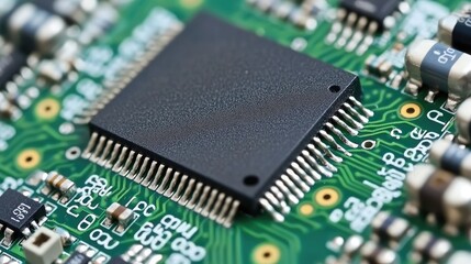Close-Up View of Microchip on Circuit Board, Showcasing Intricate Details of Electronic Components and Connections in Modern Technology