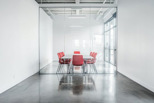 A modern, minimalist conference room with a glass wall, a white table, and red chairs.