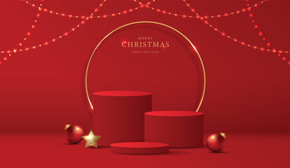 Podium shape for show cosmetic product display for christmas day or new years. Stand product showcase on red background with lighting christmas. vector design.