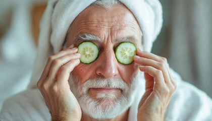 Elderly Caucasian man wearing a white towel on his head holding slices of cucumber over his eyes facial concept