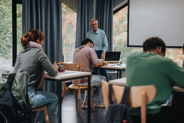 Students attentively listen and take notes during a class conducted by an elderly professor, showcasing a dynamic educational setting.