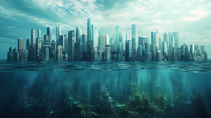 Imagine a breathtaking underwater cityscape of futuristic technologies. Futuristic Cityscape Vision. Illustration