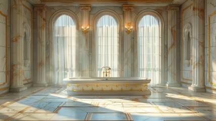 Naklejka premium A luxurious marble bathroom with a freestanding bathtub, gold accents, and large windows. Sunlight streams through the windows, creating a warm and inviting atmosphere.