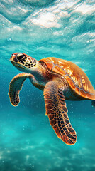 Obraz premium Plastic Pollution Microplastics Wildlife Concept. A sea turtle glides gracefully through clear blue water, surrounded by sunlight and bubbles.