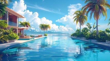 Fototapeta premium A luxurious villa with an infinity pool overlooking a tropical ocean.