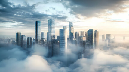 Fototapeta premium Futuristic cityscape with tall skyscrapers shrouded in clouds, creating a mysterious and modern urban landscape. Futuristic Cityscape Vision. Illustration