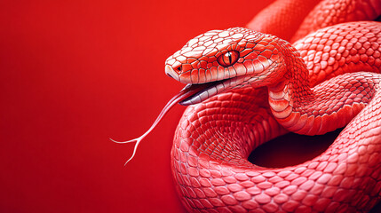 Fototapeta premium A striking red snake poised against a solid bright red background, ideal for Chinese New Year celebrations and contemporary art statements focused on power and elegance.