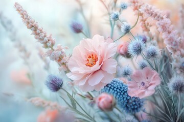 Soft pink and blue flowers in a summer bouquet.