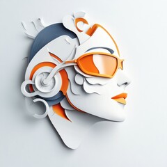 Cyborg face depicted in paper art, isolated on white background.