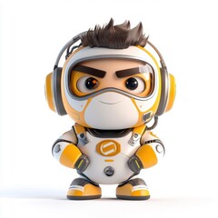 Fototapeta premium A 3D cartoon character featuring a cyborg face, isolated on white.