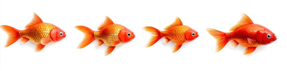Obraz premium A line of four vibrant goldfish swimming in a row against a white background, showcasing their bright orange scales and unique patterns.