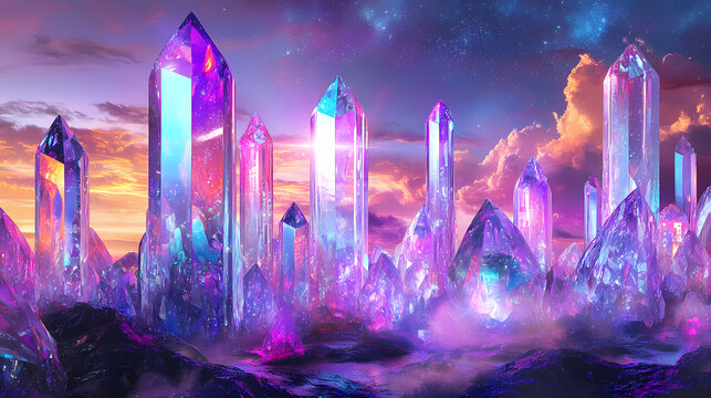 A futuristic diamond cityscape where towering structures are made entirely of shimmering gems, glowing under a neon sky. Futuristic Cityscape Vision. Illustration