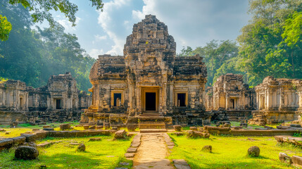 Fototapeta premium Sunlit ancient temple ruins with bright greenery, showcasing historical stone architecture
