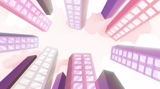 Bottom-up perspective of city skyscrapers with an airplane. travel, urban life concepts. Cartoon-style animation in 4K.