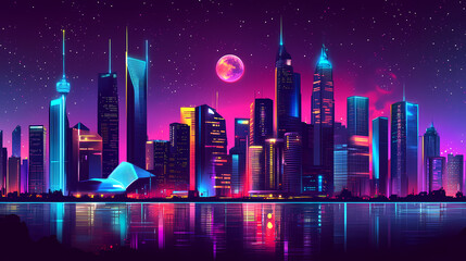 A breathtaking, futuristic metropolis bathed in neon lights and exuding cyberpunk vibes, this cityscape is a vision of advanced urban development. Futuristic Cityscape Vision. Illustration