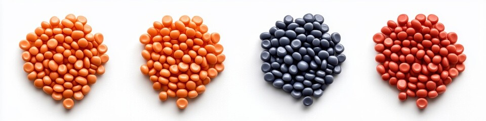 Colorful piles of lentils in shades of orange, red, and blue arranged neatly on a white surface, showcasing their diversity and vibrant colors.