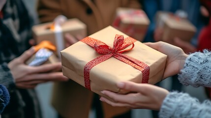 Hands Exchanging a Wrapped Christmas Gift