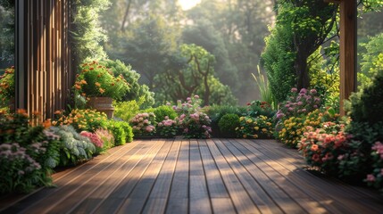Obraz premium Sunlit wooden deck surrounded by vibrant blooming flowers and lush greenery in a tranquil garden.