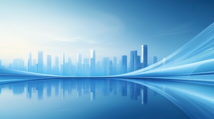 Fototapeta premium Blue background, technology city skyline, white waves and curves, gradient light blue color scheme, simple style, flat composition