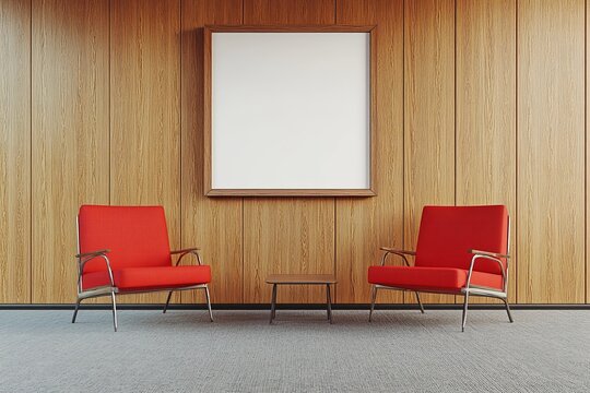Two red armchairs facing each other with a square, framed, blank canvas above a small coffee table in front of a wood panel wall.