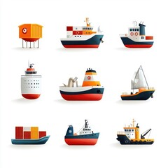 Flat style illustration of a cargo ship, detailed containers, isolated on white background.