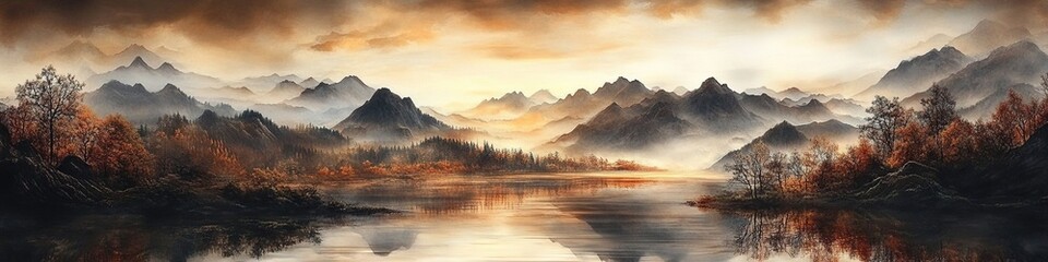 Fototapeta premium Abstract Marketing Background Featuring 3D Carpet Wallpaper Design with Chinese Landscape Art Depicting Black Trees and Brown Mountains Against a Sunset, Perfect for Luxurious Home Wall Decoration, Ca