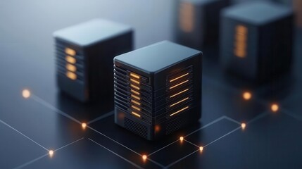 A sleek digital depiction of server units with illuminated indicators, showcasing advanced technology and modern data storage solutions.