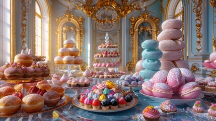 Fototapeta premium A lavishly decorated room with a large table filled with various sweet pastries, cakes, and donuts.