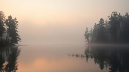Fototapeta premium serene lake with silhouetted trees and mist, lake's surface, tranquil twilight scenery, forest landscape