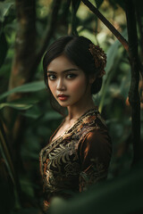 A beautiful Indonesian woman wearing a kebaya, standing in the jungle, looking at the camera. Portrait photography with cinematic lighting, soft focus, and shallow depth of field.
