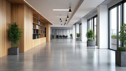 Fototapeta premium Modern Office Interior with Plants and Large Windows