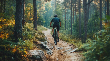 Obraz premium Male cyclist a scenic forest trail on cross country bike