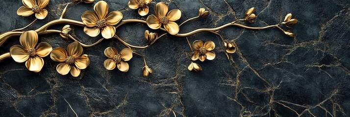 Obraz premium Abstract Marketing Background Featuring 3D Carpet Wallpaper Design with Golden Flowers on a Cracked Black Background, Ideal for Home Wall Decoration, Luxurious Carpet Wallpaper Accents, and Artistic D