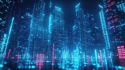 Fototapeta premium Futuristic cityscape with glowing skyscrapers and neon lights.