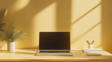 Fototapeta premium A minimalist workspace featuring a sleek laptop and stylish stationery on a radiant gold background, exuding professionalism and elegance