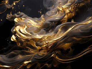 Luxurious golden smoke swirling and glowing on a pitch-black background. The smoke should look ethereal and vibrant, with shimmering, metallic gold highlights that reflect light and create a sense