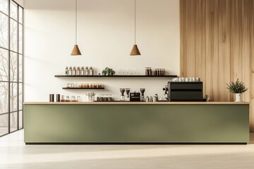 Minimalist coffee shop counter with wooden wall and green cabinet.