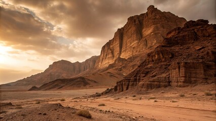 Fototapeta premium A dramatic shot of a rock face with a brown gradient clay backdrop, pastor background, rugged terrain, rock face, textured surfaces, brown gradient clay