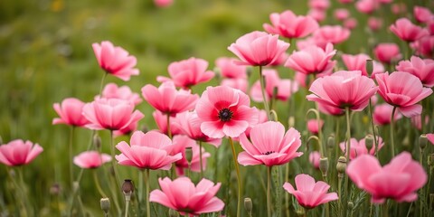 Fototapeta premium A field of pink poppies swaying gently in the wind, serene landscape, pink poppies, peaceful atmosphere