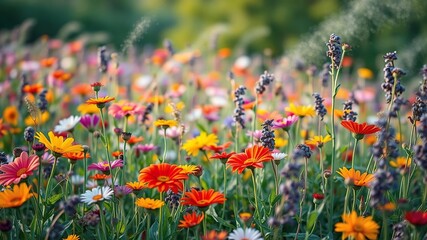 A field of vibrant colorful flowers with long stems and leaves in the breeze emitting fresh fragrant scents, foliage, flowers