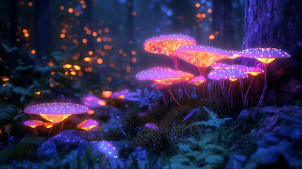 Mysterious forest scene with bioluminescent mushrooms that create ethereal glow psychedelic colors and dreamy atmosphere