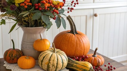 A group of pumpkins and gourds in a vase with seasonal fruits, fall flowers, fruits, vase decor