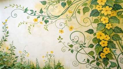 Yellow and green watercolor background with intricate floral patterns and vines, fresh, colorful, renewal